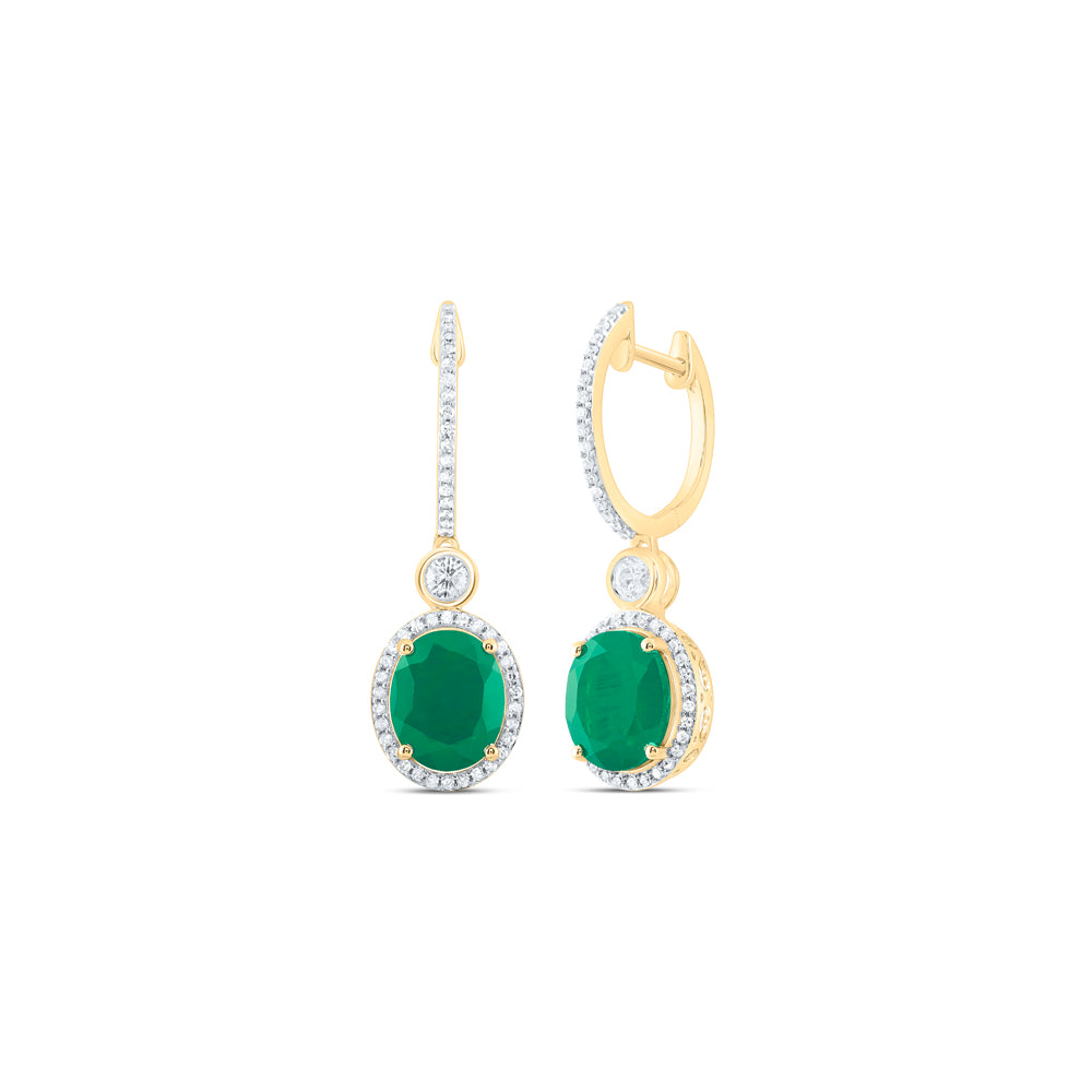 10kt Yellow Gold 5/8 Cttw Natural Diamond 10x8 Mm Oval Emerald Synthetic Dangling Earring