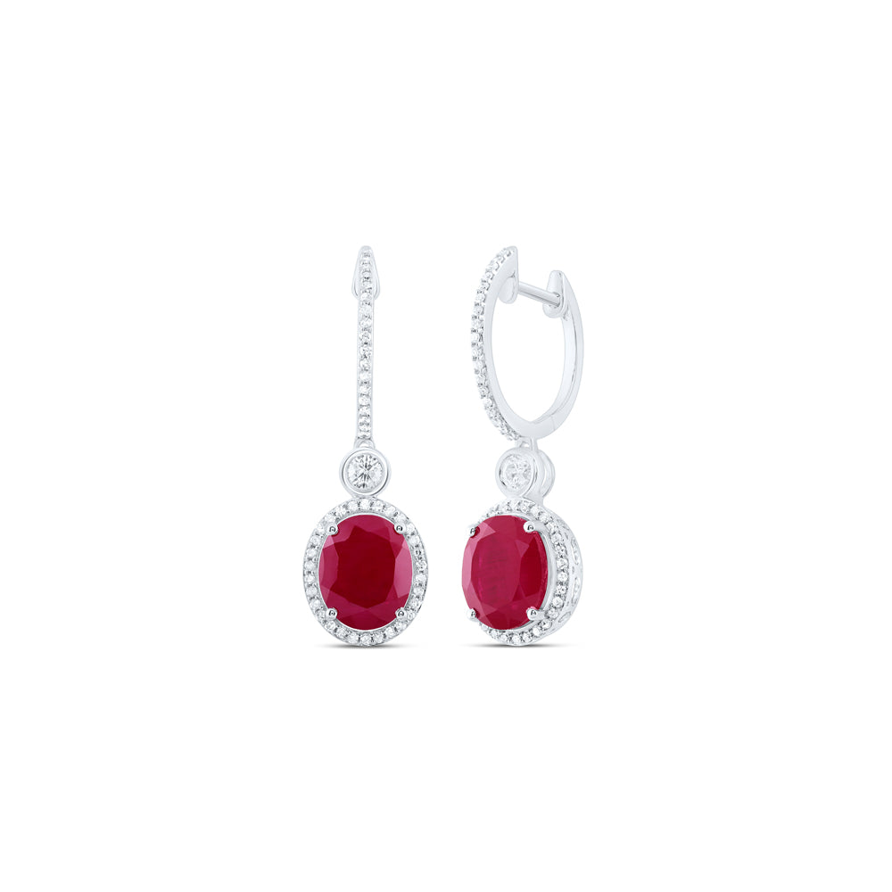 10kt White Gold 5/8 Cttw Natural Diamond 10x8 Mm Oval Ruby Synthetic Dangling Earring