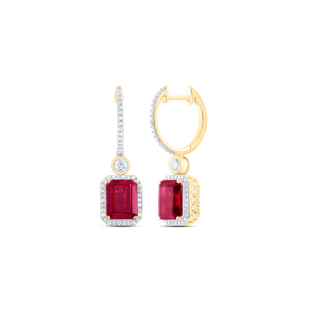10kt Yellow Gold 1/2 Cttw Natural Diamond 9x7 Mm Emerald Ruby Synthetic Dangling Earring