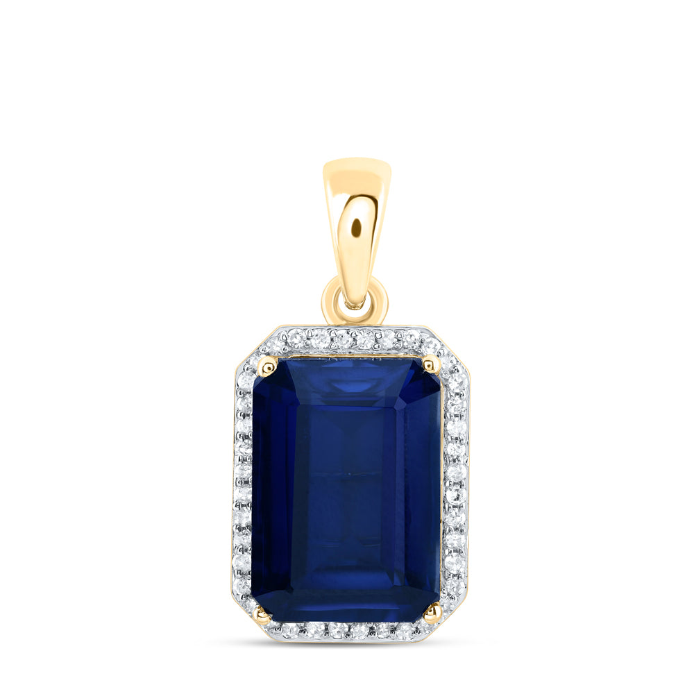 10kt Yellow Gold 1/6 Cttw Natural Diamond 13x9 Mm Emerald Blue Sapphire Synthetic Pendant