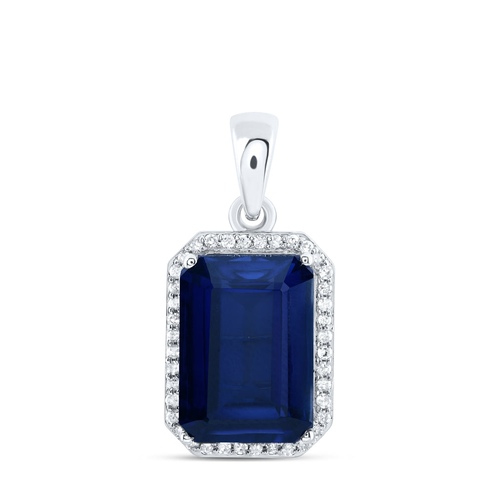 10kt White Gold 1/6 Cttw Natural Diamond 13x9 Mm Emerald Blue Sapphire Synthetic Pendant
