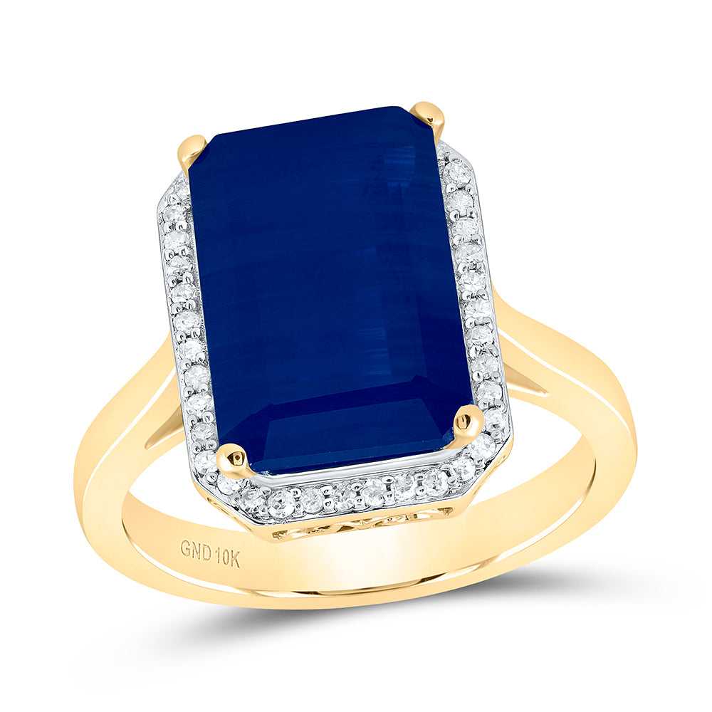 10kt Yellow Gold 1/6 Cttw Natural Diamond 13x9 Mm Emerald Blue Sapphire Synthetic Wedding Engagement Anniversary Ring, Women Size: 5-9