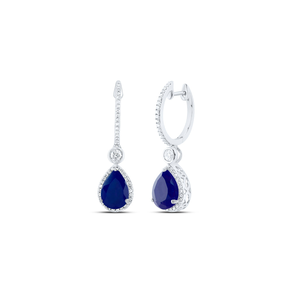 10kt White Gold 1/2 Cttw Natural Diamond 10x7 Mm Pear Blue Sapphire Synthetic Dangling Earring
