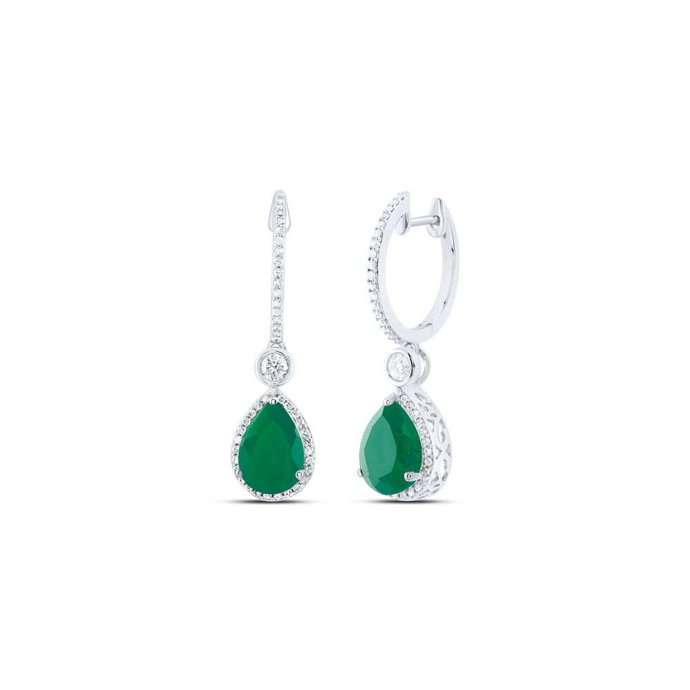 10kt White Gold 1/2 Cttw Natural Diamond 10x7 Mm Pear Emerald Synthetic Dangling Earring