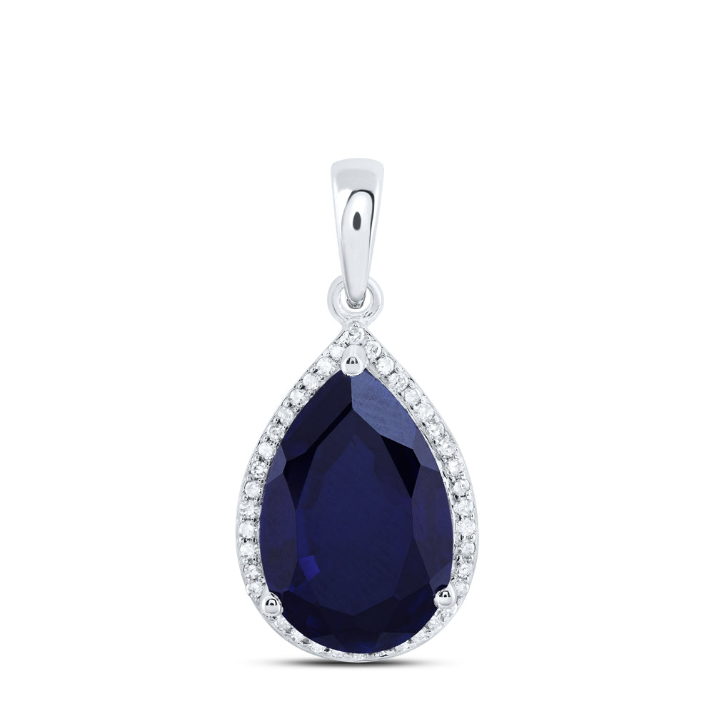 10kt White Gold 1/6 Cttw Natural Diamond 15x10 Mm Pear Blue Sapphire Synthetic Pendant