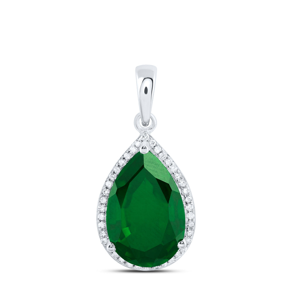 10K White Gold 1/6Ctw Natural Diamond P1 15X10Mm Pear Emerald Synthetic Pendant