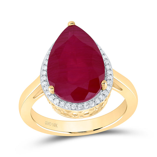 10kt Yellow Gold 1/6 Cttw Natural Diamond 15x10 Mm Pear Ruby Synthetic Wedding Engagement Anniversary Ring, Women Size: 5-9