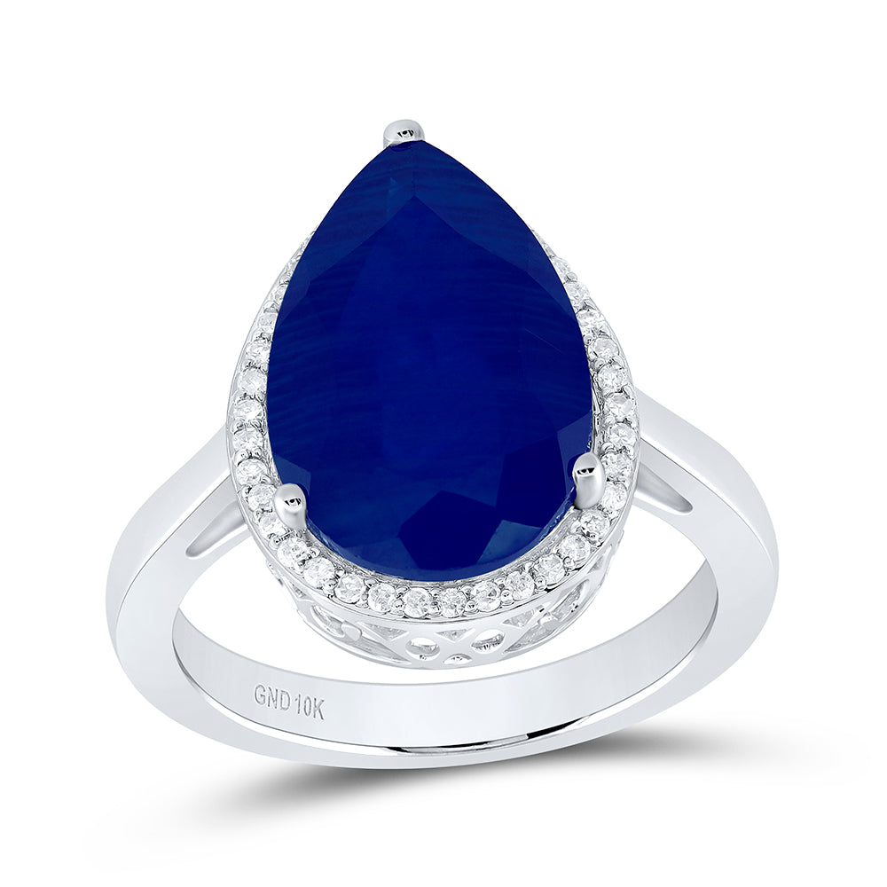 10kt White Gold 1/6 Cttw Natural Diamond 15x10 Mm Pear Blue Sapphire Synthetic Wedding Engagement Anniversary Ring, Women Size: 5-9