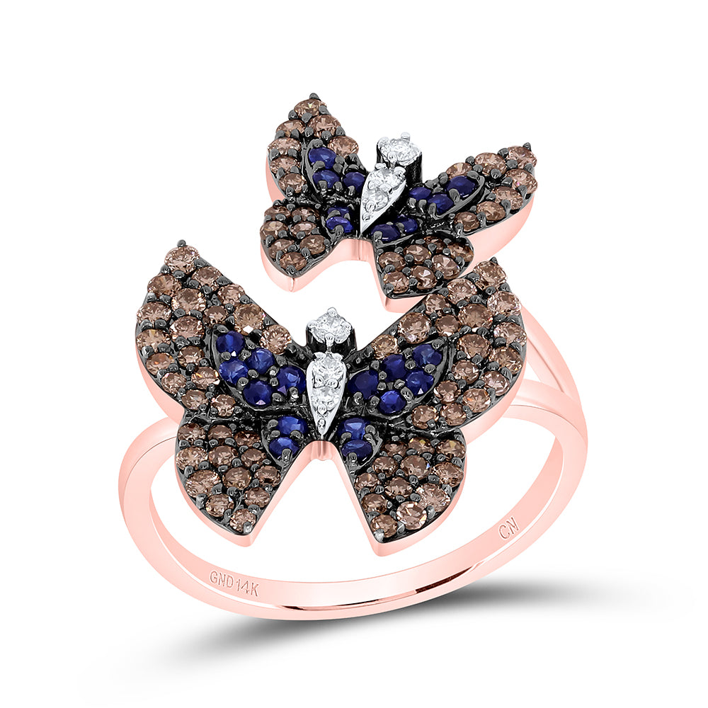 14kt Yellow Or White Gold Natural Diamond and Round Blue Sapphire Natural Gem Butterfly Wedding Engagement Anniversary Ring