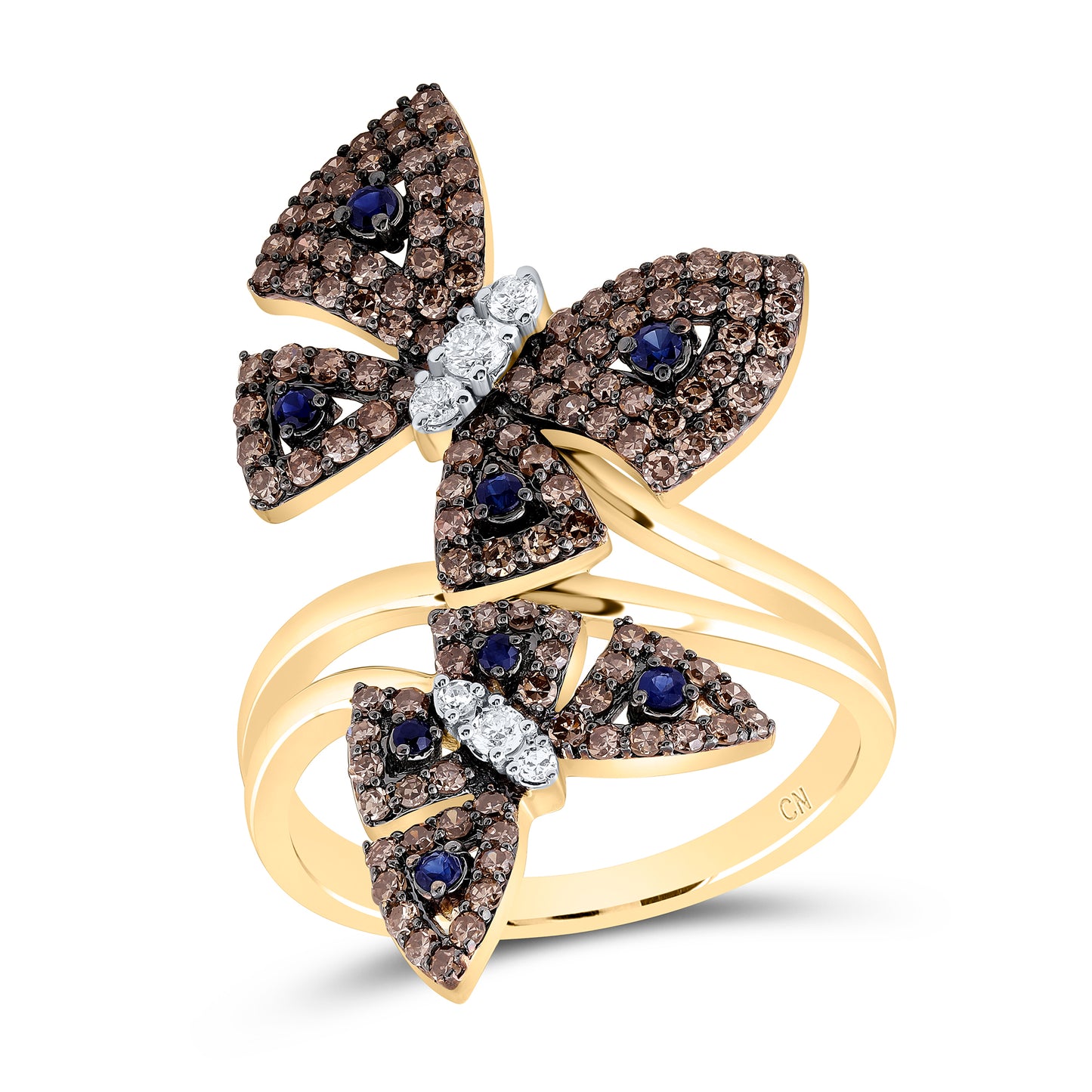 14kt Yellow Or White Gold Natural Diamond and Round Blue Sapphire Natural Gem Butterfly Wedding Engagement Anniversary Ring