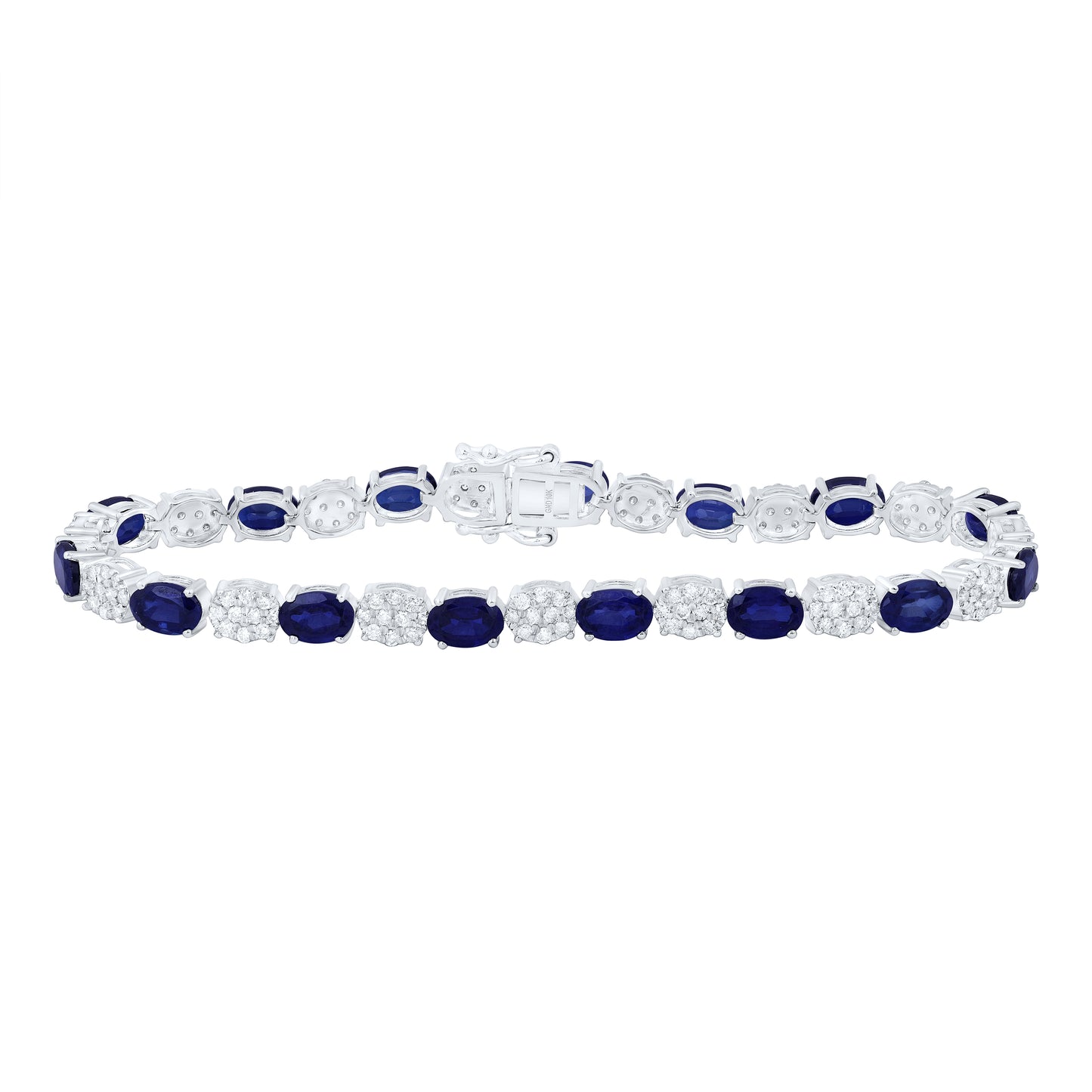 10K White Gold 1 3/8 Ctw Natural Diamond 6X4 MM Oval Blue Sapphire Synthetic Bracelet (7 Inch)