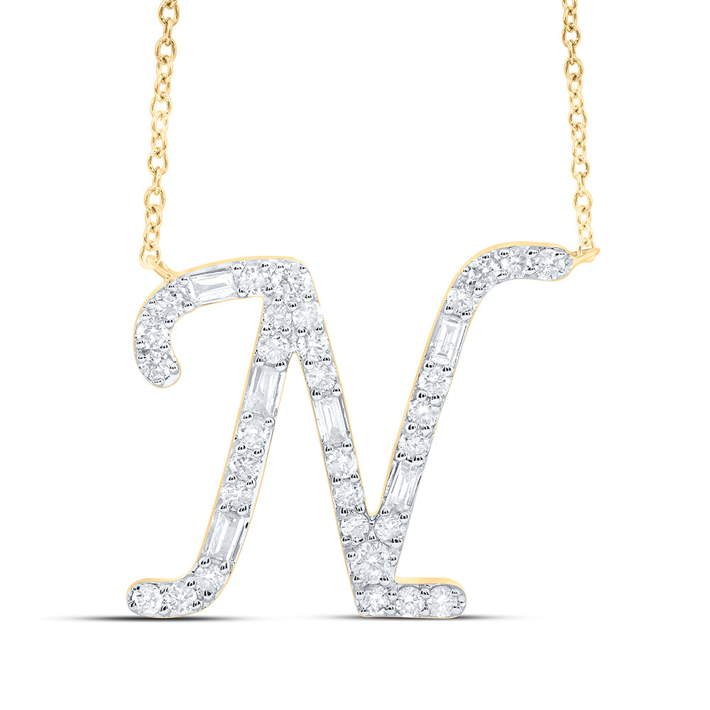 10kt Yellow Or White Gold Natural Diamond Initial Fashion Baguette Necklace, Length: 18 Inch