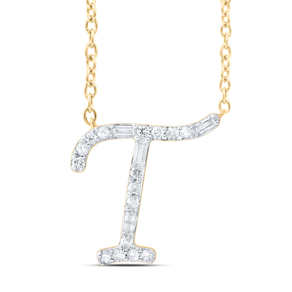 10kt Yellow Or White Gold Natural Diamond Initial Fashion Baguette Necklace, Length: 18 Inch