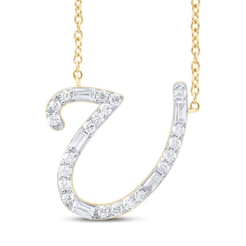 10kt Yellow Or White Gold Natural Diamond Initial Fashion Baguette Necklace, Length: 18 Inch