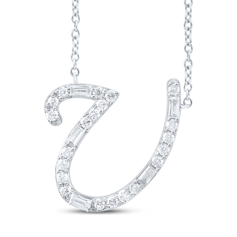 10kt Yellow Or White Gold Natural Diamond Initial Fashion Baguette Necklace, Length: 18 Inch