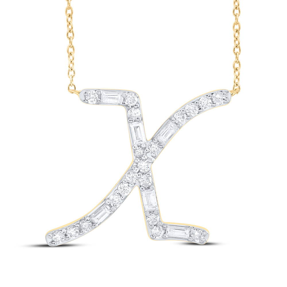 10kt Yellow Or White Gold Natural Diamond Initial Fashion Baguette Necklace, Length: 18 Inch