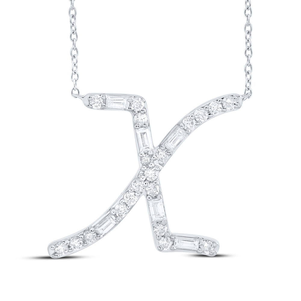 10kt Yellow Or White Gold Natural Diamond Initial Fashion Baguette Necklace, Length: 18 Inch