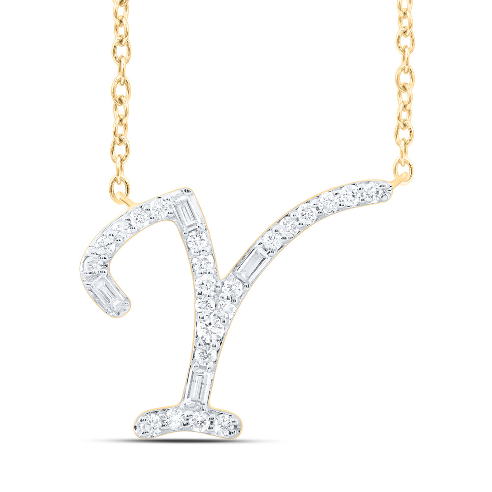 10kt Yellow Or White Gold Natural Diamond Initial Fashion Baguette Necklace, Length: 18 Inch
