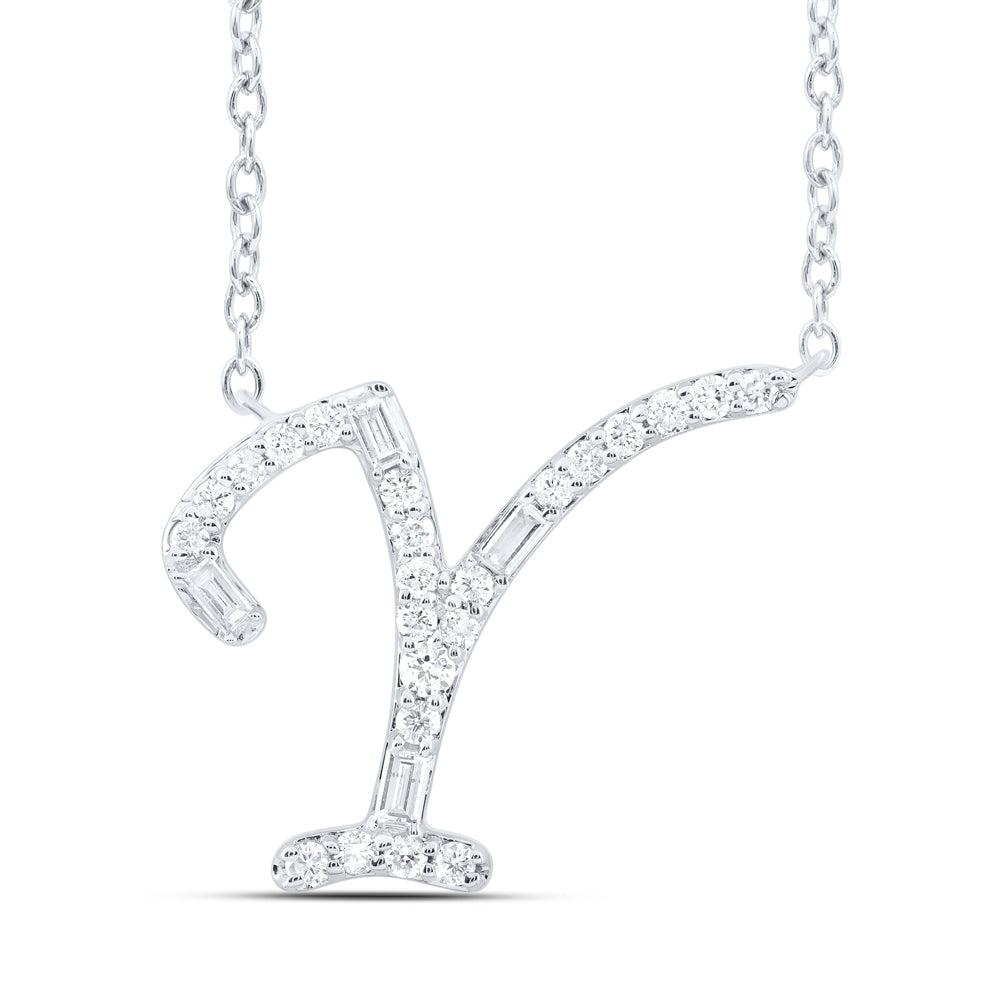 10kt Yellow Or White Gold Natural Diamond Initial Fashion Baguette Necklace, Length: 18 Inch