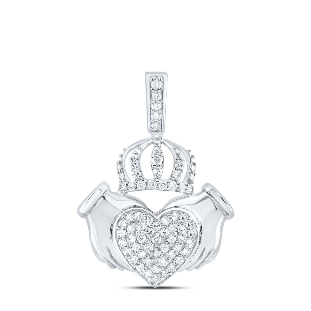 10kt White Gold 3/8 Cttw Natural Diamond Fashion Crown Heart Ladies Pendant