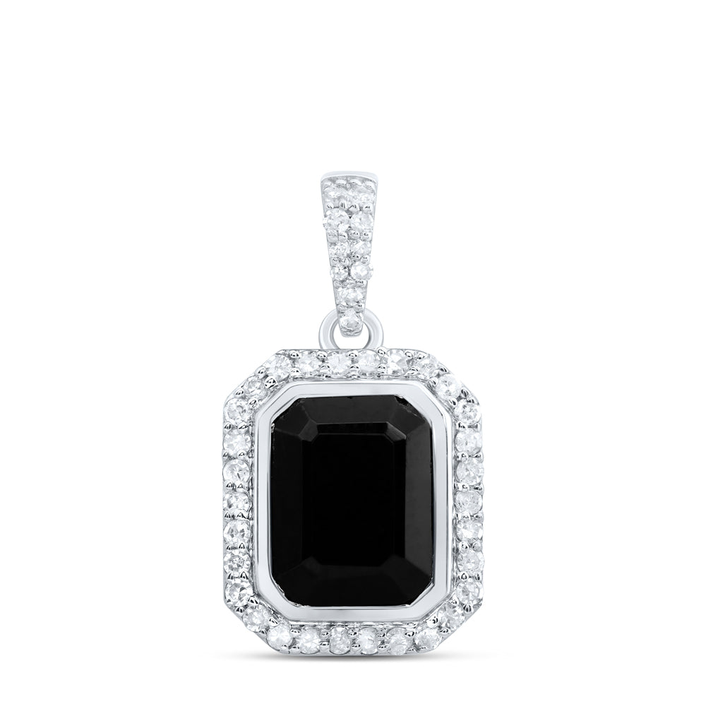 10kt White Gold 1/4 Cttw Diamond 9x7 Mm Emerald Onyx Black Pendant