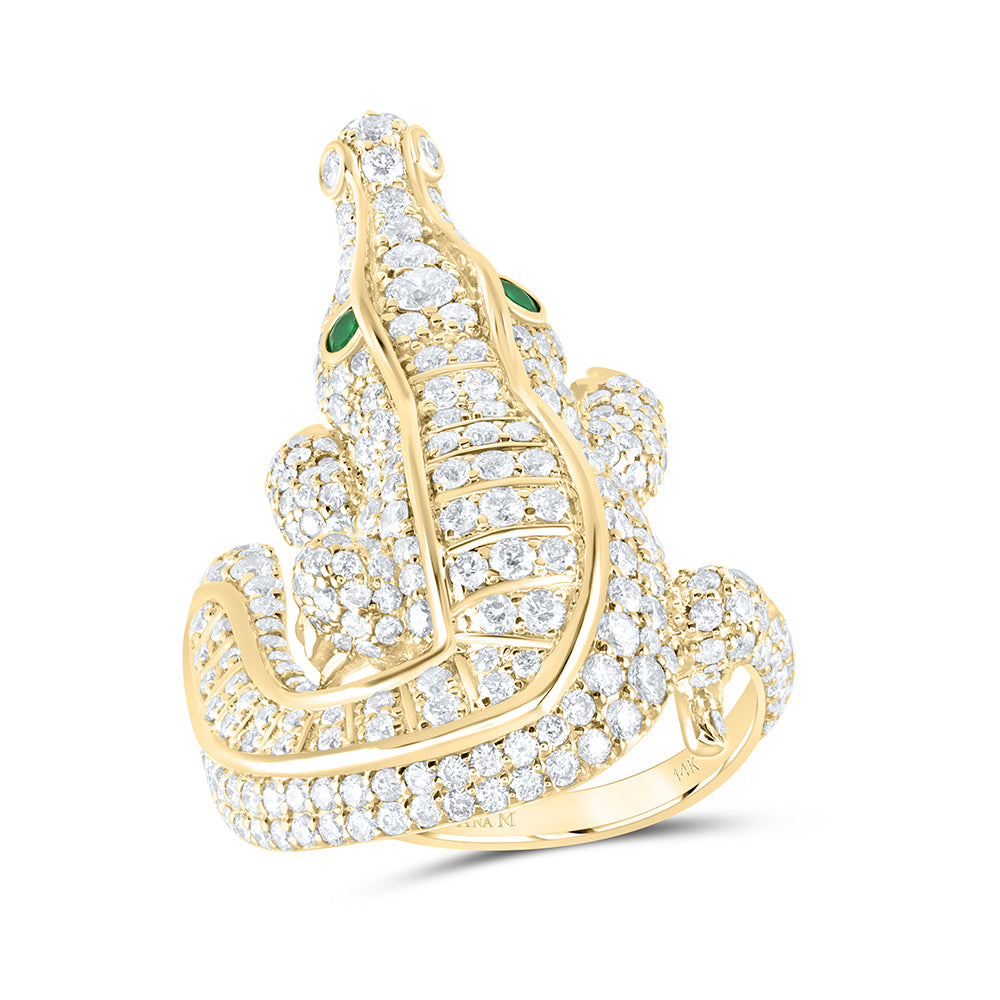 14kt Yellow Gold 2 7/8 Cttw Diamond Ana M and 1/10 Cttw Round Emerald Crocodile Natural Gem Ladies Wedding Engagement Anniversary Ring, Women Size: 5-9
