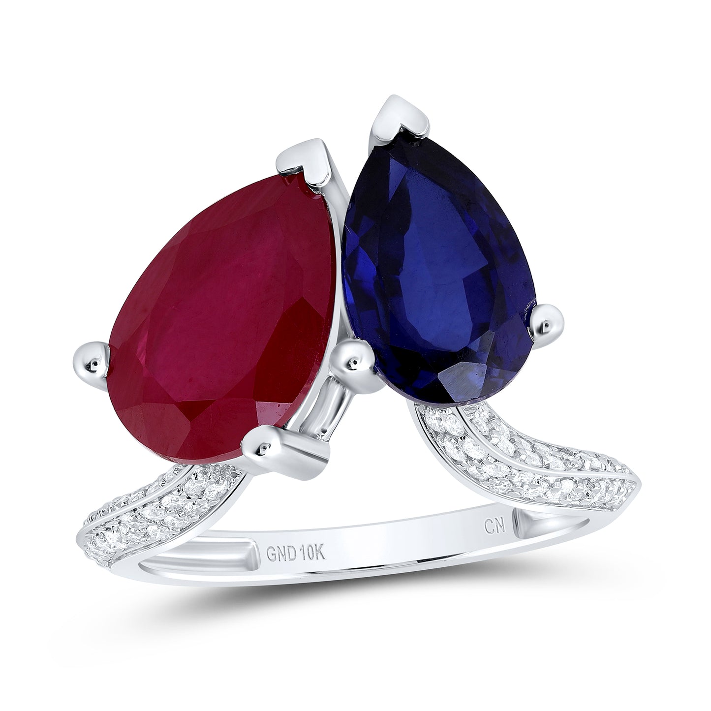 10kt White Gold 1/4 Cttw Diamond 12x8 Mm Pear ruby,11x7 Mm Pear Blue Sapphire Synthetic Wedding Engagement Anniversary Ring, Women Size: 5-9