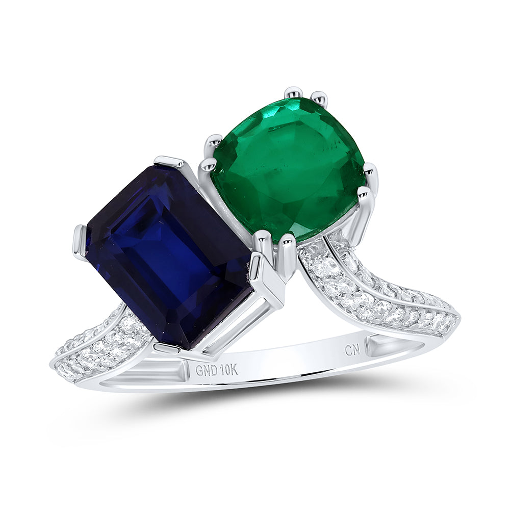 10kt White Gold 1/4 Cttw Diamond 8.5x6.5mm Emerald Sapphire, 7mm Cushion Emerald Synthetic Wedding Engagement Anniversary Ring, Women Size: 5-9