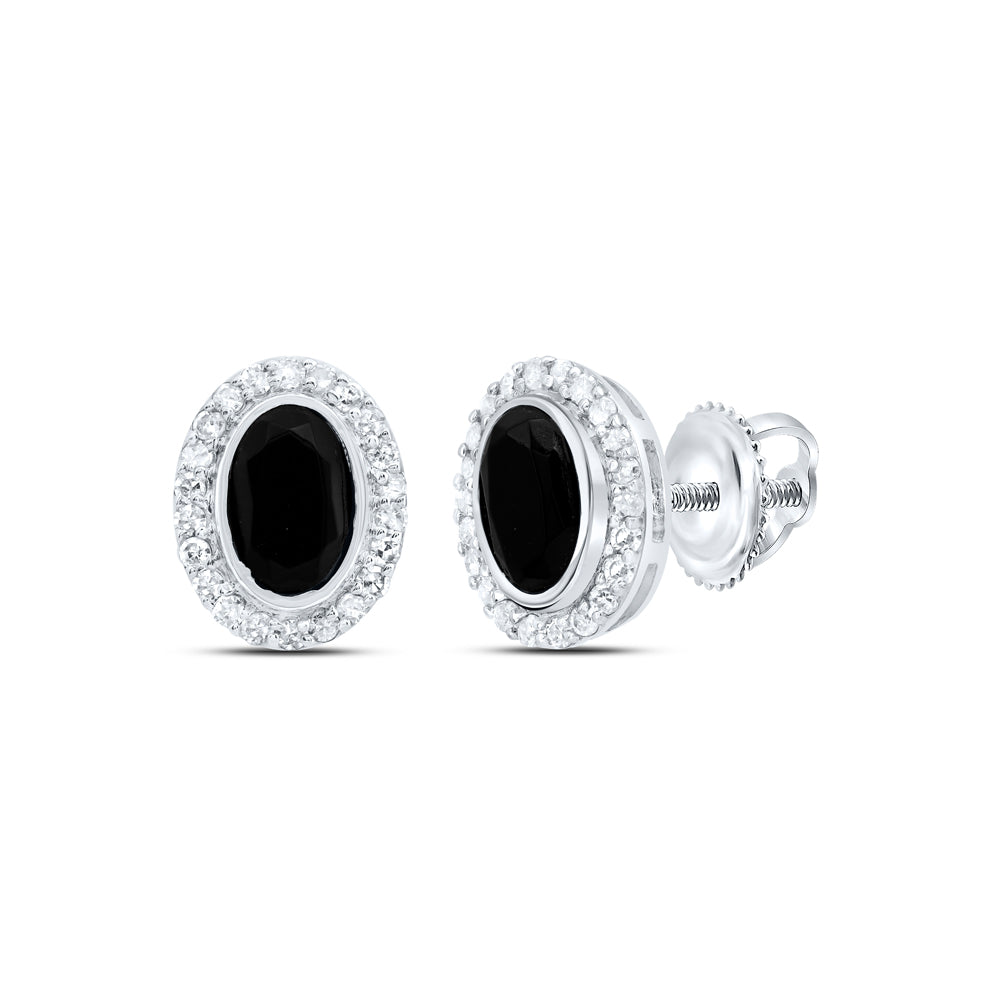 10kt White Gold 1/5 Cttw Diamond 6x4 Mm Oval Onyx Black Earring