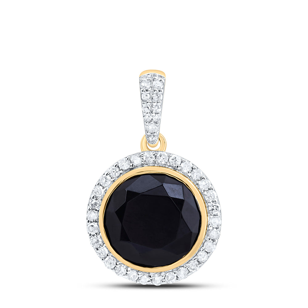 10kt Yellow Gold 1/4 Cttw Diamond 9 Mm Round Onyx Black Pendant