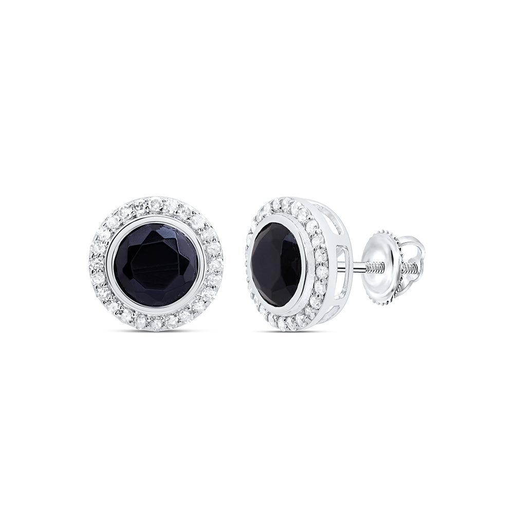 10kt White Gold 1/4 Cttw Diamond 6 Mm Round Onyx Black Earring