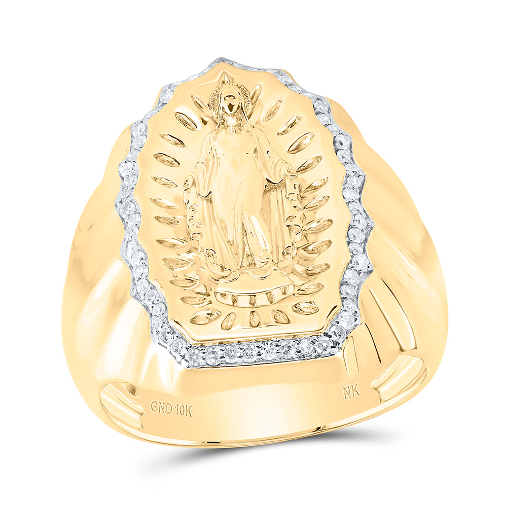 10kt Yellow Gold 1/3 Cttw Diamond Virgin Mother Mary Mens Ring, Men Size: 8-12
