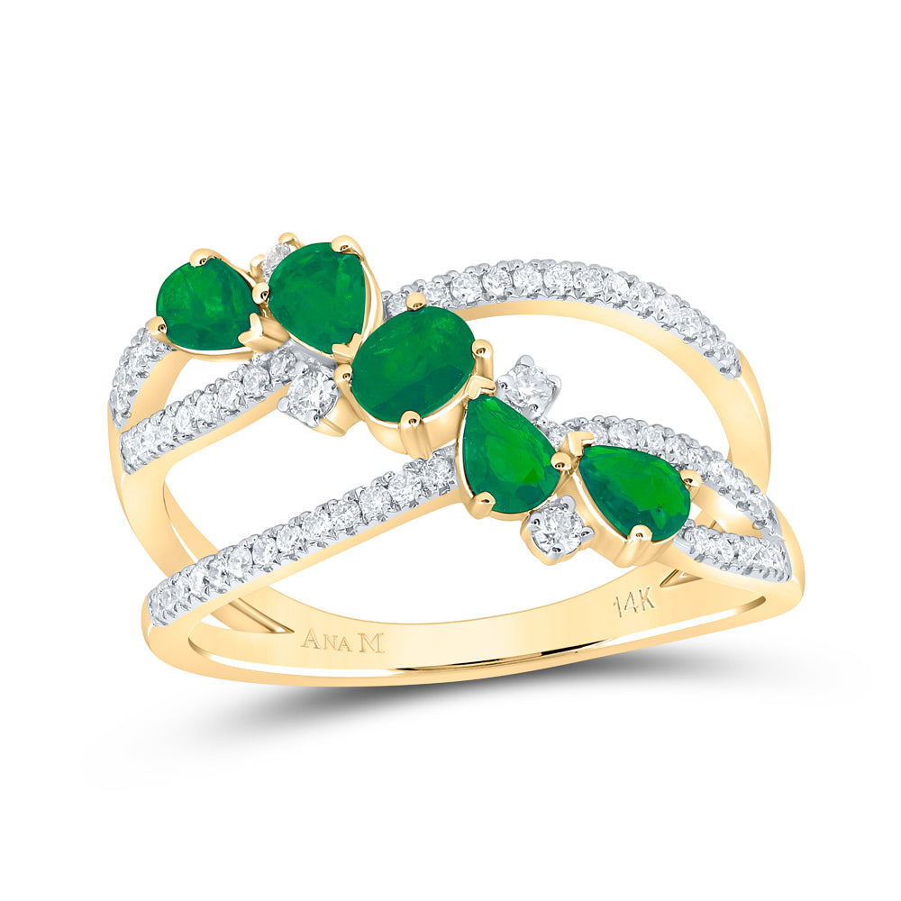 14kt Yellow Gold 1/4 Cttw Diamond Ana M and 1/4 Cttw Oval Emerald,5/8 Cttw Pear Emerald Natural Gem Bridal Wedding Engagement Anniversary Ring, Women Size: 5-9