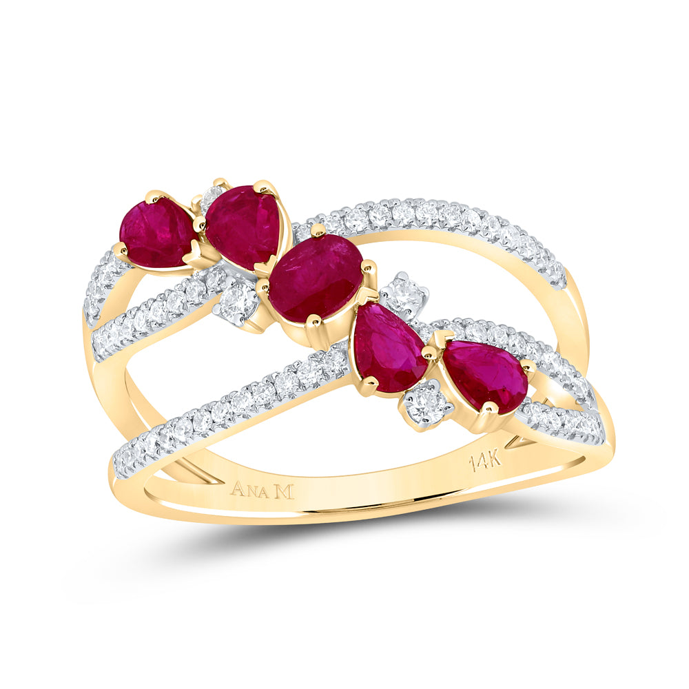14kt Yellow Gold 1/4 Cttw Diamond Ana M and 1/3 Cttw-ov-ru,7/8 Cttw-ps Ruby Natural Gem Bridal Wedding Engagement Anniversary Ring, Women Size: 5-9
