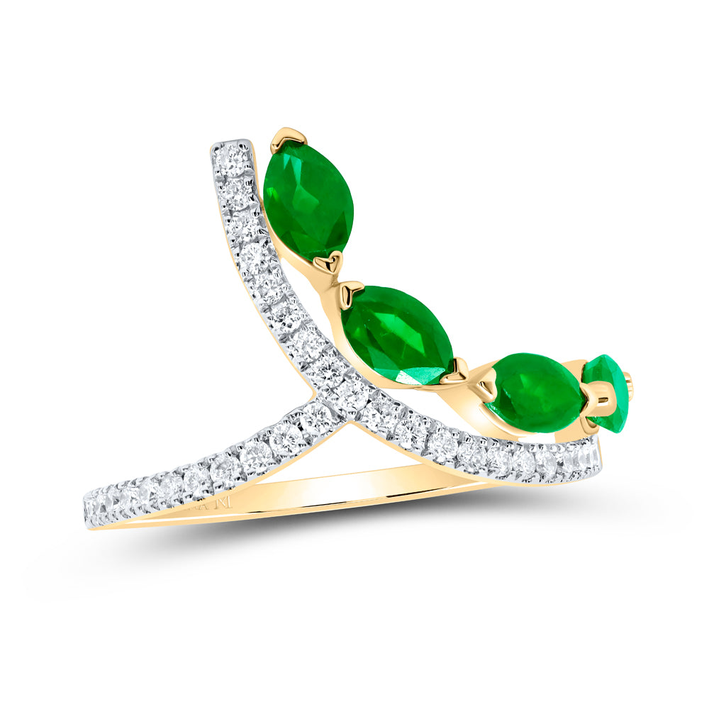 14kt Yellow Gold 1/4 Cttw Diamond Ana M and 1 Cttw Marquise Emerald Natural Gem Bridal Wedding Engagement Anniversary Ring, Women Size: 5-9