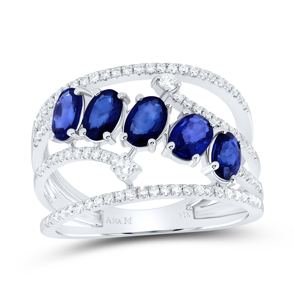 14kt White Gold 1/3 Cttw Diamond Ana M 2 Cttw Oval Blue Sapphire Natural Gem Bridal Wedding Engagement Anniversary Ring, Women Size: 5-9