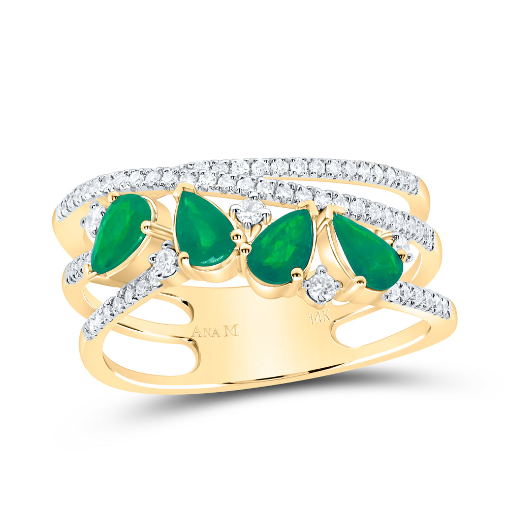 14kt Yellow Gold 1/3 Cttw Diamond Ana M 3/4 Cttw Pear Emerald Natural Gem Bridal Wedding Engagement Anniversary Ring, Women Size: 5-9