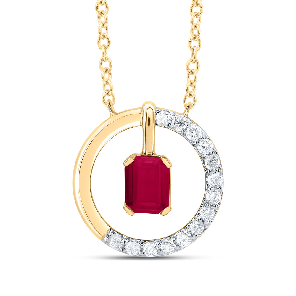 14kt Yellow Gold 1/12 Cttw Diamond 4x3mm Emerald Ruby Natural Gem Fashion Necklace, Length: 18 Inch