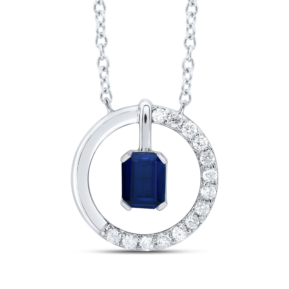 14kt White Gold 1/12 Cttw Diamond 4x3mm Emerald Blue Sapphire Natural Gem Fashion Necklace, Length: 18 Inch