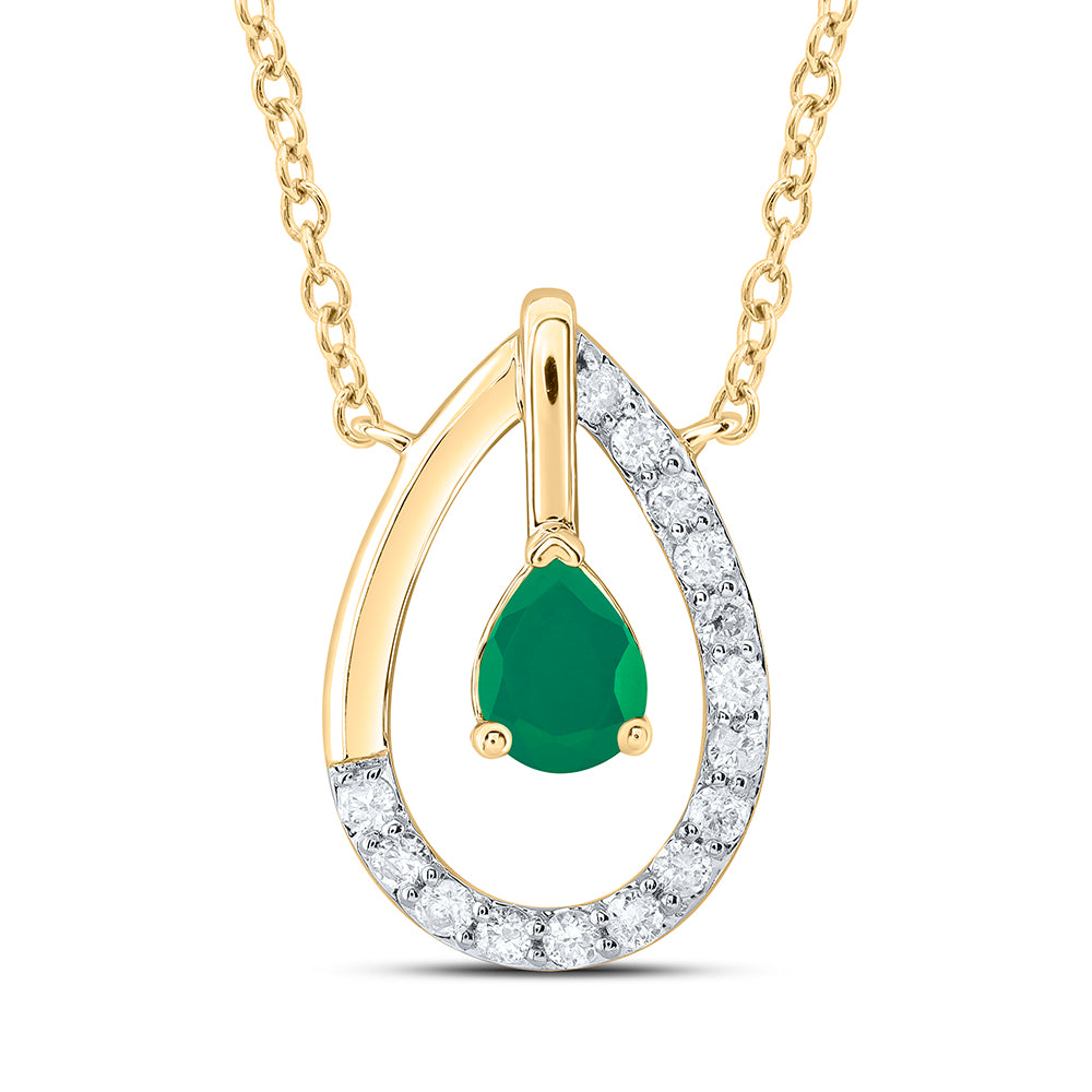 14kt Yellow Gold 1/12 Cttw Diamond 4x3mm Pear Emerald Natural Gem Fashion Necklace, Length: 18 Inch