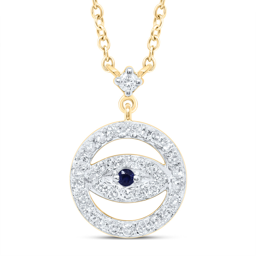 10kt Yellow Gold 1/4 Cttw Diamond Round Blue Sapphire Natural Gem Necklace