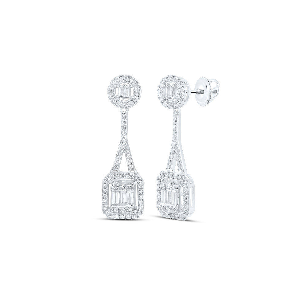 14kt White Gold 7/8 Cttw Natural Diamond Fashion Octagon Baguette Dangling Earring
