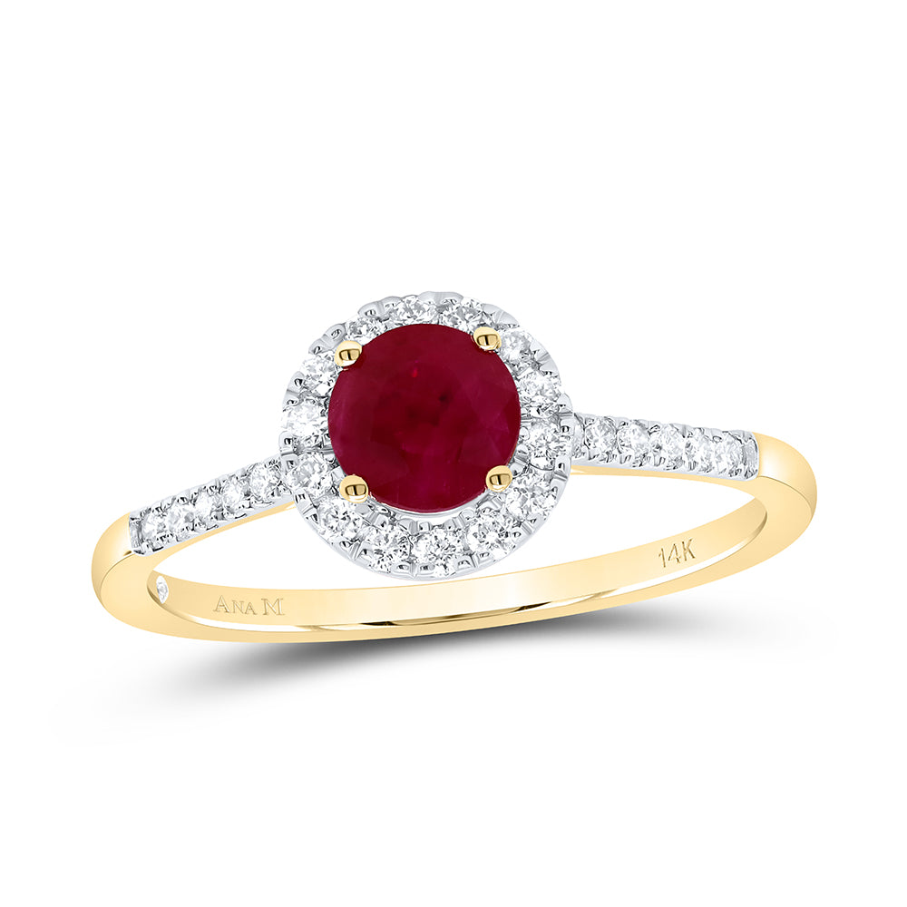 14kt Yellow Gold 1/5 Cttw Diamond Ana M 5mm Round Ruby Natural Gem Round Wedding Engagement Anniversary Ring, Women Size: 5-9
