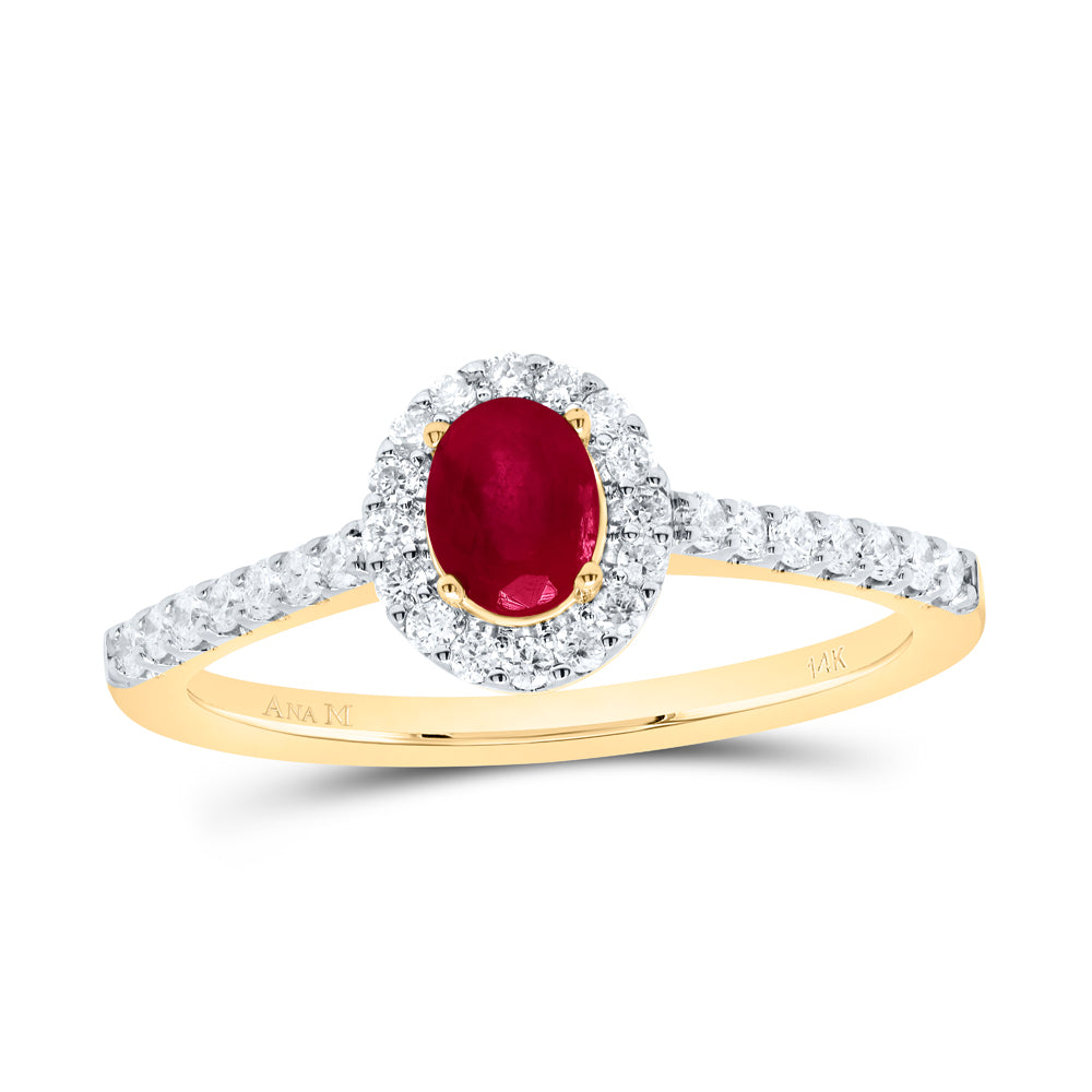 14kt Yellow Gold 1/3 Cttw Diamond Ana M 5x4mm Oval Ruby Natural Gem Oval Wedding Engagement Anniversary Ring, Women Size: 5-9