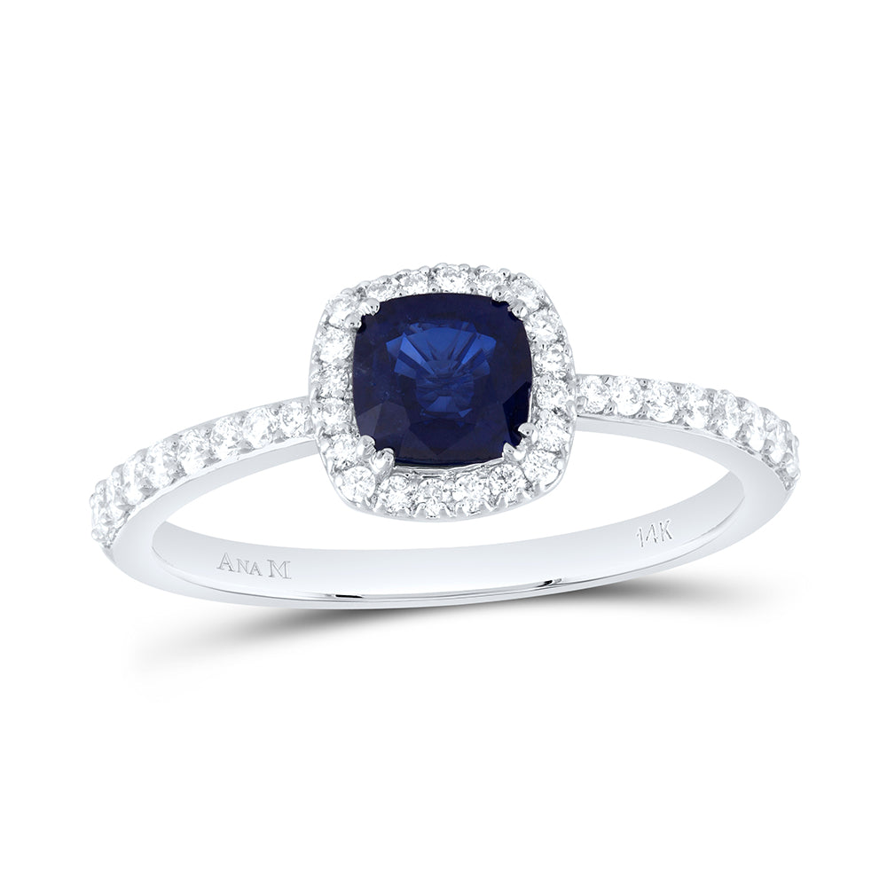 14kt White Gold 1/4 Cttw Diamond Ana M 5mm Cushion Blue Sapphire Natural Gem Cushion Wedding Engagement Anniversary Ring, Women Size: 5-9