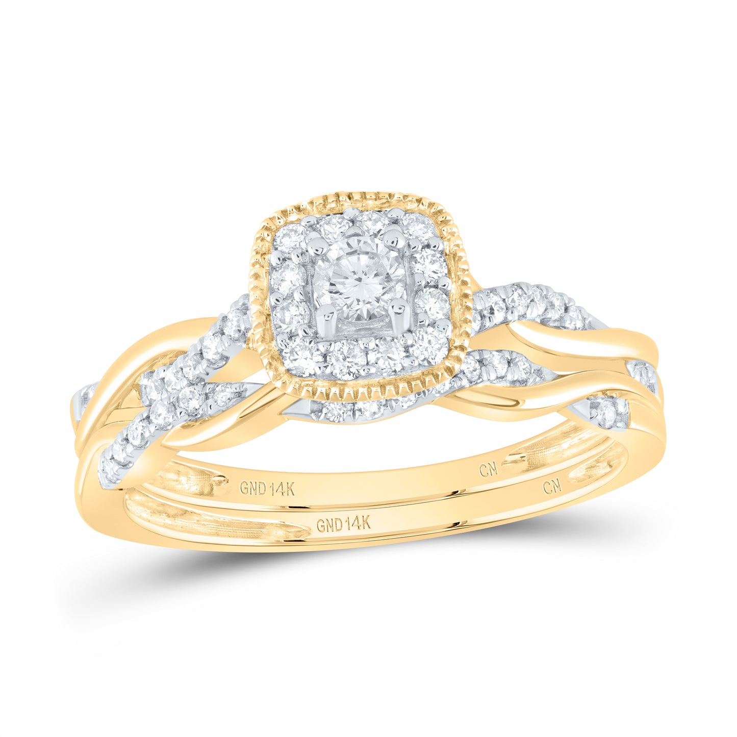 14K Yellow or White or Rose Gold 1/3 Ctw Natural Diamond Cushion Single Halo Bridal Set, Womens Size: 5-9