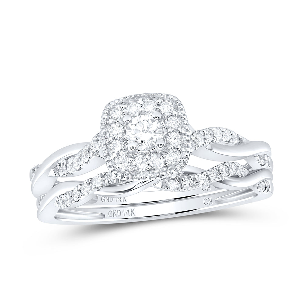 14K Yellow or White or Rose Gold 1/3 Ctw Natural Diamond Cushion Single Halo Bridal Set, Womens Size: 5-9