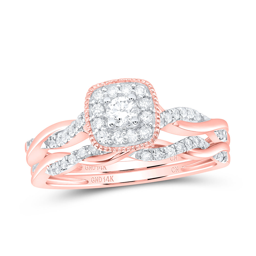 14K Yellow or White or Rose Gold 1/3 Ctw Natural Diamond Cushion Single Halo Bridal Set, Womens Size: 5-9
