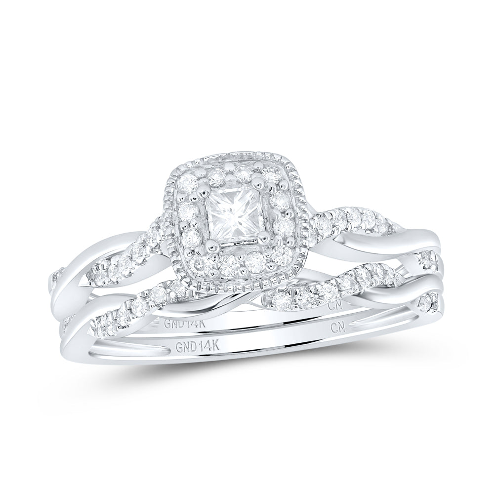 14K Yellow or White or Rose Gold 1/3 Ctw Natural Diamond Cushion Single Halo Bridal Set, Womens Size: 5-9