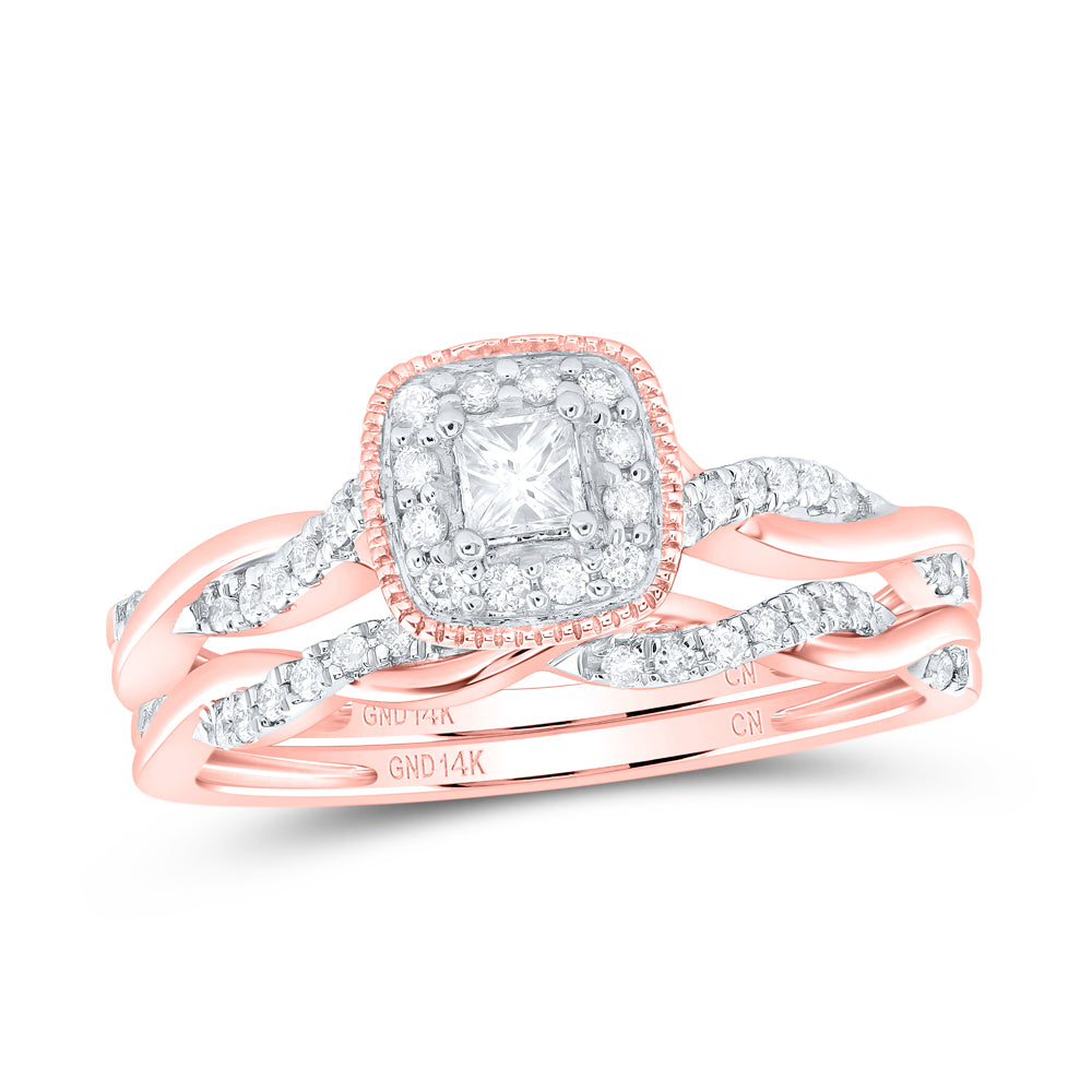 14K Yellow or White or Rose Gold 1/3 Ctw Natural Diamond Cushion Single Halo Bridal Set, Womens Size: 5-9
